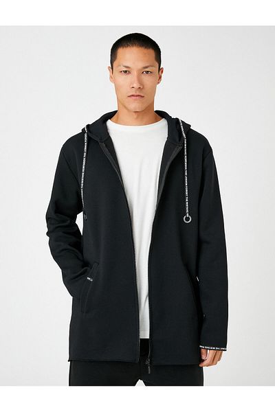 Koton Long Hooded Basic Cardigan - Zipper and Pocket, Slogan Detail Raster