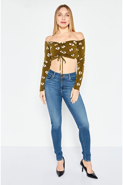 Endless Blu Women Straight Across Long Sleeve Allover Print Top, Dark Olive