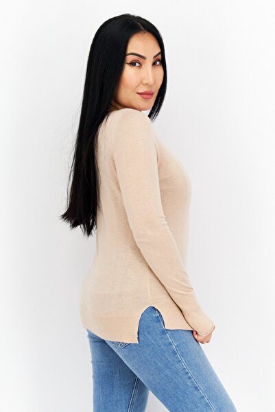 comma Women Round Neck Long Sleeve Solid Top, Beige