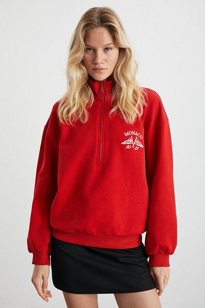 GRIMELANGE Meybelına Women's Organic Cotton Bone Zippered Stand Collar Printed Red Sweatshirt