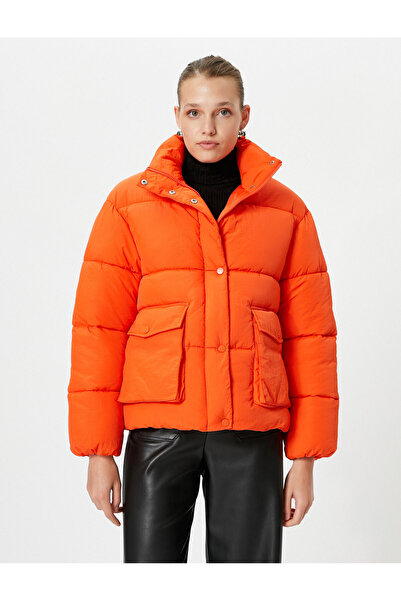 Koton Short Puffer Jacket Stand Collar Large Pocket Snap Fastener