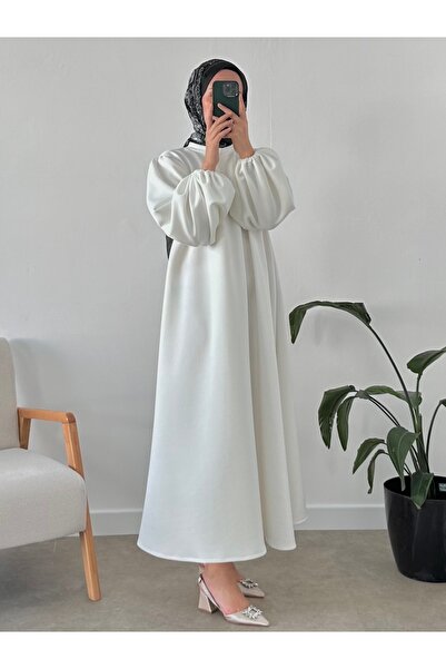 CHUL SCUBA KEMERLİ SÜMBÜL ELBİSE -BEYAZ - GENİŞ BEDEN ARALIĞI