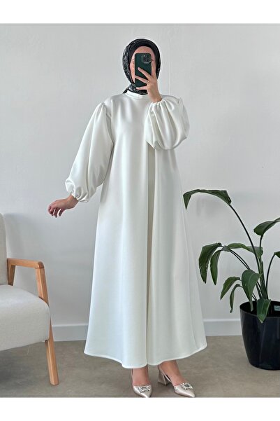 CHUL SCUBA KEMERLİ SÜMBÜL ELBİSE -BEYAZ - GENİŞ BEDEN ARALIĞI