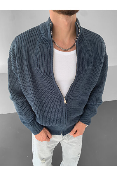 NO1 KONSEPT Mavi Fermuarlı Oversize Triko Hırka