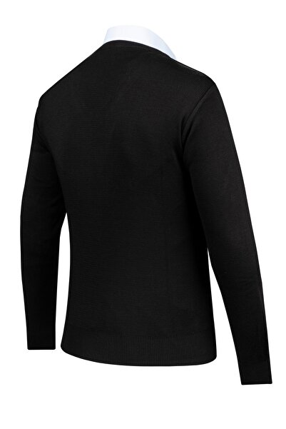 Çizgi Triko Чоловічий трикотажний светр у смужку - V-подібний виріз, рукави та пояс з візерунком, класичний крій -4241DB