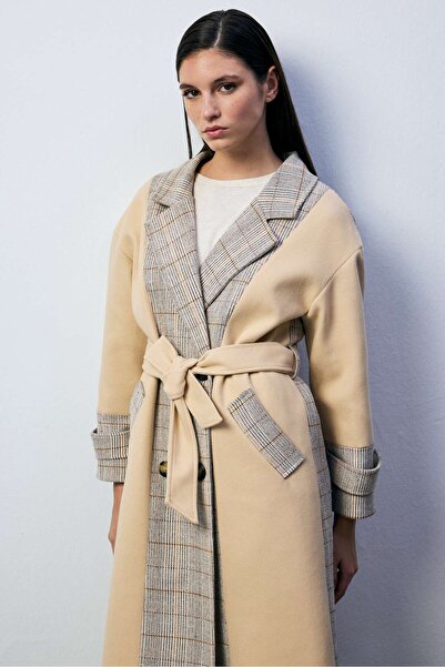 Yake Ekose Garnili Beli Kuşaklı Oversize Kaşe Kaban