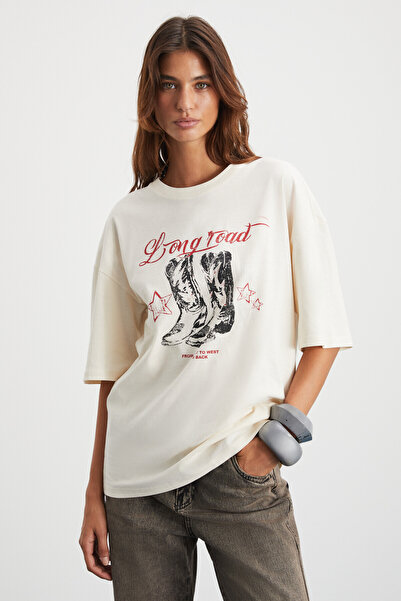 GRIMELANGE Majer γυναικείο 100% οργανικό βαμβάκι Western Theme Printed Regular Fit Cream T-shirt