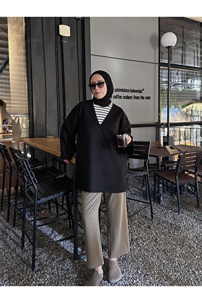 CHUL KAŞE KEMERLİ V YAKA TUNİK -SİYAH - GENİŞ BEDEN ARALIĞI