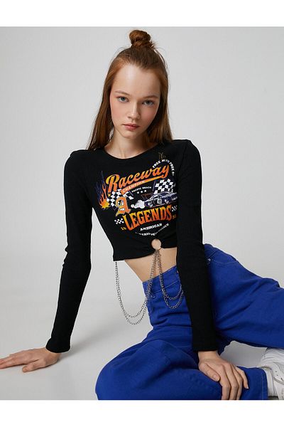 Koton Tricou crop cu mânecă lungă fereastră cu lanț imprimat