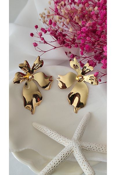 İPAR AKSESUAR Gold Metalic Big Flower Beads Earrings