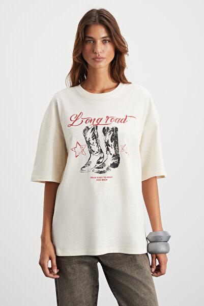 GRIMELANGE Majer γυναικείο 100% οργανικό βαμβάκι Western Theme Printed Regular Fit Cream T-shirt