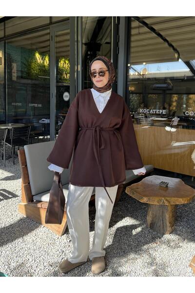 CHUL KAŞE KEMERLİ V YAKA TUNİK - ACI KAHVE - GENİŞ BEDEN ARALIĞI
