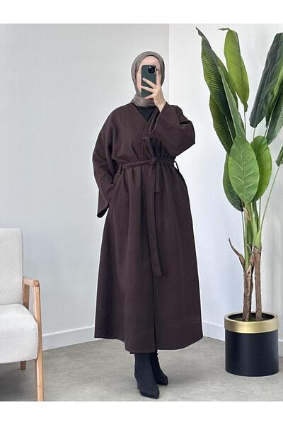 CHUL Acı Kahve Kemerli Kaşe Kaban - Geniş Beden Aralığı