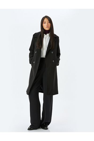 Koton Double Breasted Long Stamp Coat with Pockets and Buttons