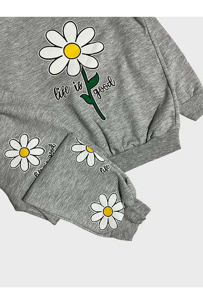 ALİŞ KİDS Girl's Cotton Raised Gray Floral Print Long Sleeve Tracksuit Set