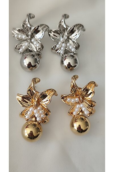 İPAR AKSESUAR Flower Motived Pearl Metal Silver Earring