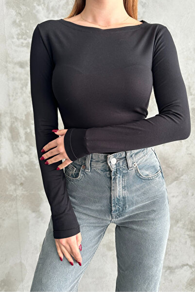 macharel jeans Black Boat Neck Basic Long Sleeve Bodysuit
