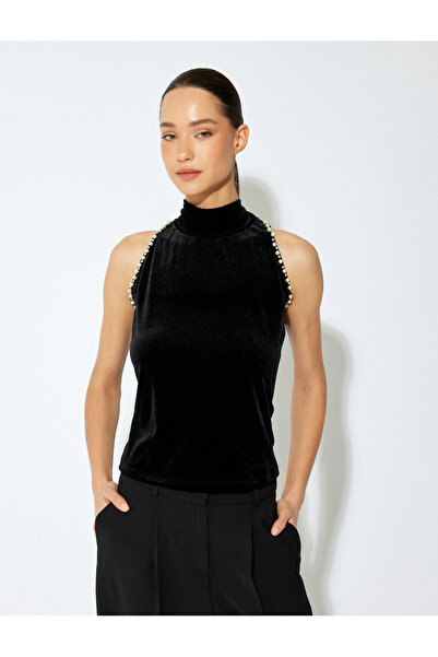 Koton Slim Fit Sleeveless Stand Collar Rhinestone Velvet Top
