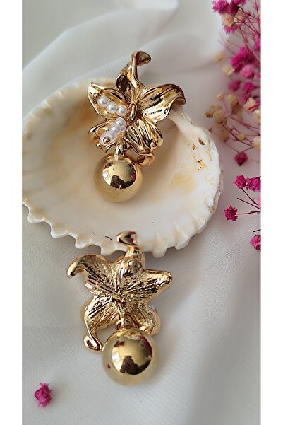 İPAR AKSESUAR Flower Motived Pearl Metal Gold Earring
