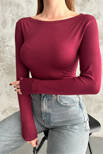 macharel jeans Burgundy Boat Neck Basic Long Sleeve Bodysuit
