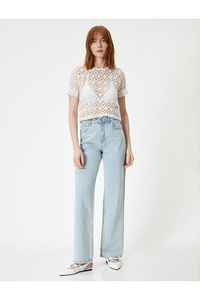 Koton Crochet Openwork T-Shirt Crop Crew Neck Short Sleeve