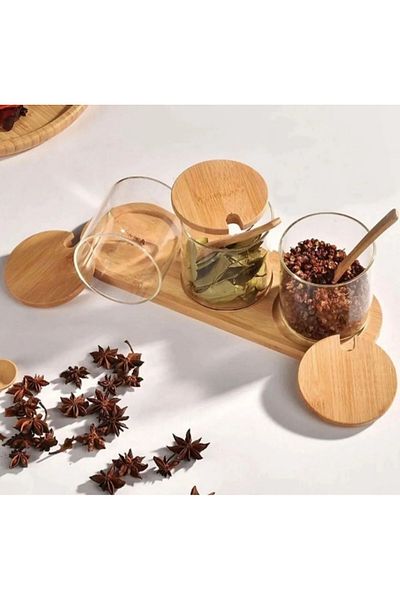 MİEN 3-Piece Glass Spice Rack with Round Bamboo Lid