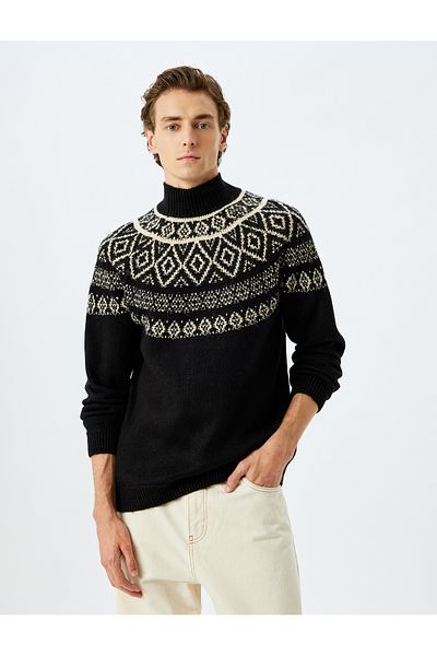Koton Gemusterter Strickpullover mit Stehkragen