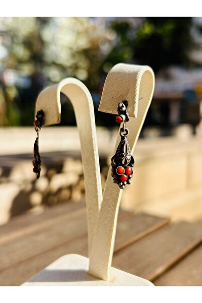 Luna Mercan Doğal Taşlı Antika Gümüş Küpe