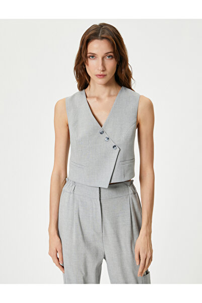Koton Short Vest Asymmetric Cut V-Neck Buttoned