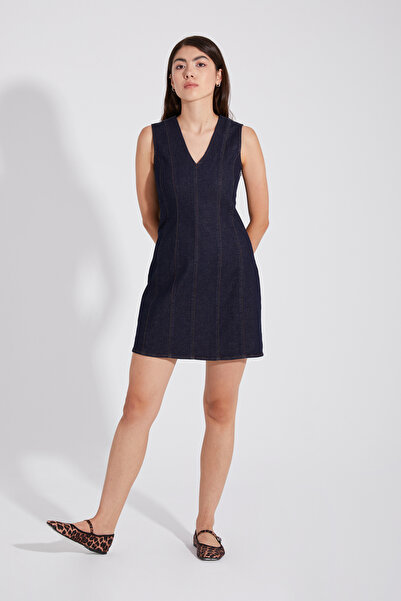 ONE8 %100 Pamuk V Yaka Mini Denim Kot Elbise