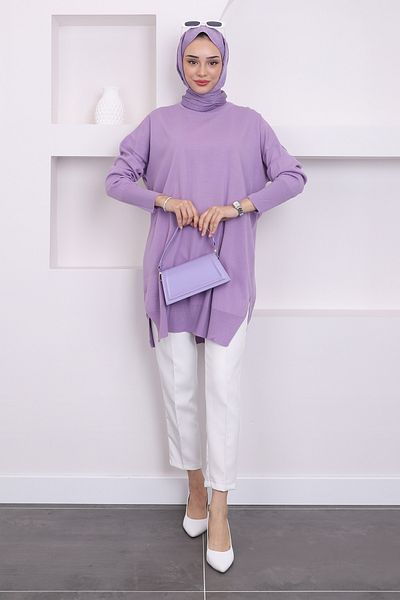 İmajButik Lilac Crew Neck Mercerized Casual Knitwear Tunic
