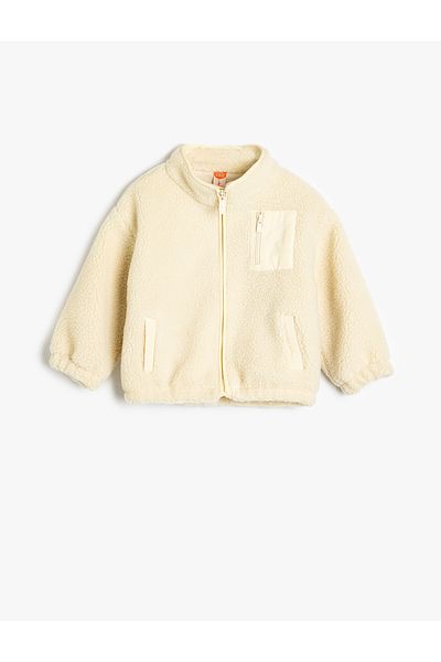 Koton Plush Jacket Zipper Closure Stand Collar Long Sleeve Pocket Detail
