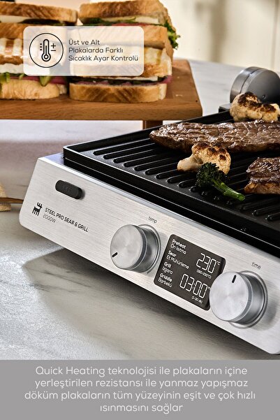 Karaca Compact Steel Pro Sear and Grill Inox 2007 Izgara ve Tost Makinesi 2000 W 6 Dilim Kapasiteli