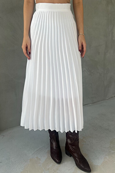Seda Yalçın Atelier White Pleated Midi Satin Skirt