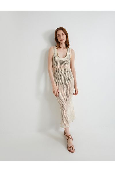 Koton V-Neck Thick Strap Openwork Midi Dress