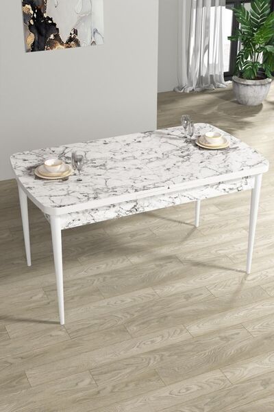 Canisa Concept Rio Serisi Bench'li Beyaz Mermer Desenli Mdf Mutfak Masası 4 Pembe Sandalye