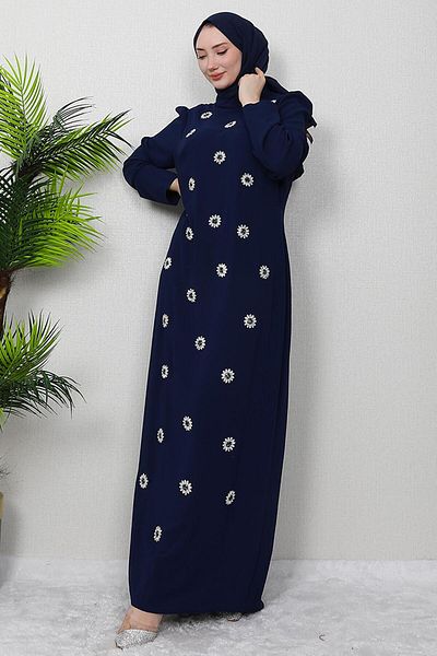 GİZ AGİYİM Navy Blue Daisy Stone Detailed Dress