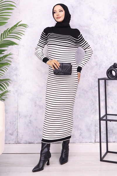 benguen 6143 Model Turtleneck Black Striped Knitwear Dress