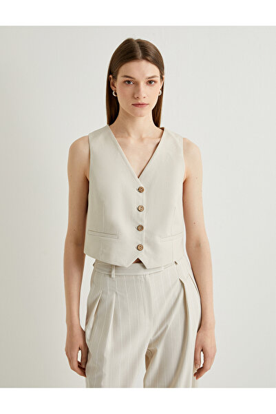 Koton Keten Karışımlı Blazer Yelek V Yaka Düğmeli Fleto Cepli
