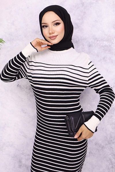 benguen 6143 Model Ecru Turtleneck Striped Knitwear Dress