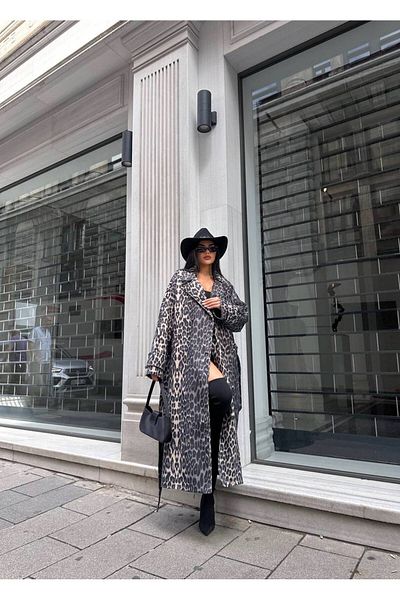 LB Laluna Butik Μακρύ παλτό με λεοπάρ στάμπα - Γυναικείο, Ζώνη, Σφραγίδα, Oversize Άνετη Εφαρμογή
