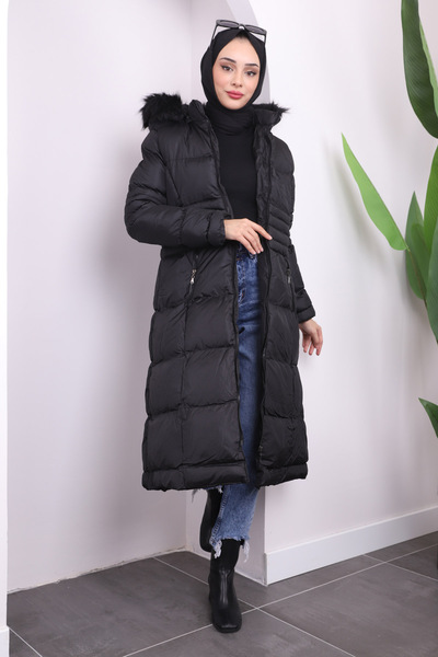 İmajButik Μαύρο γούνινο μπουφάν με κουκούλα