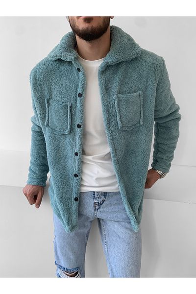 NO1 KONSEPT Jachetă de pluș slim fit, verde apă, cu buzunare duble