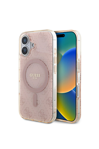 Guess iPhone 16 Kılıf Guess  Lisanslı Magsafe Özellikli IML Baskılı Klasik Logolu 4G Desenli Pembe