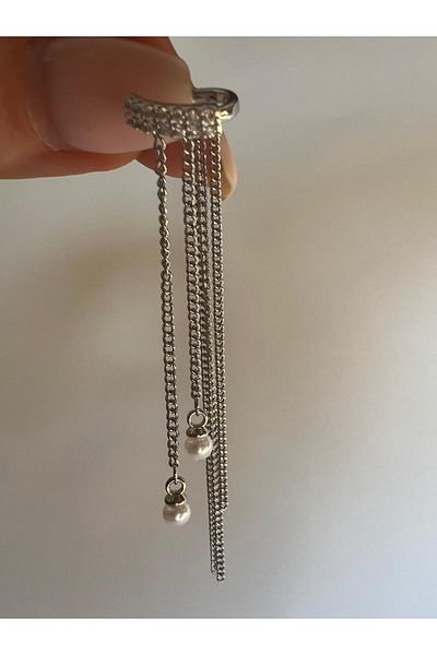 BUNNY Silver Silver Pearl Detailed Dangle Earcuff