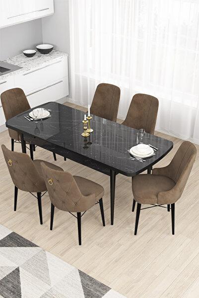 Canisa Taç Serisi Açılabilir Mutfak Masası Takımı 80x132 Siyah Mermer Desen M...