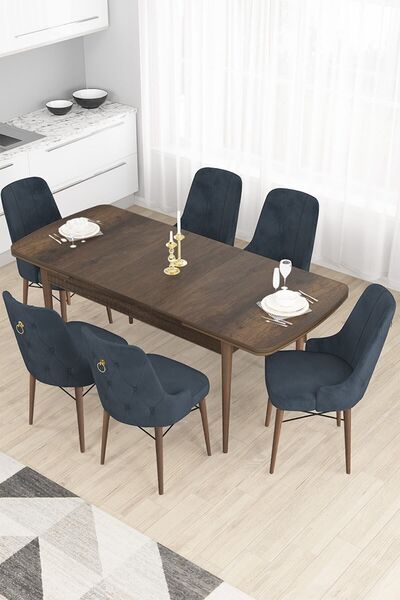 Canisa Taç Serisi Açılabilir Mutfak Masası Takımı 80x132 Barok Desen Masa 6 A...