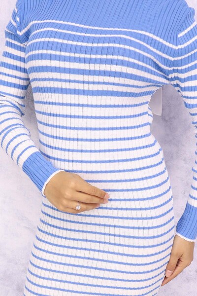 benguen 6143 Model Blue Striped Turtleneck Knitwear Dress