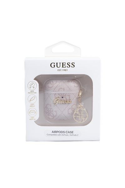 Guess AirPods Case Guess Licensed - 4g Pattern, Metal Script Logo Pu Leather Strap, Pink Charms