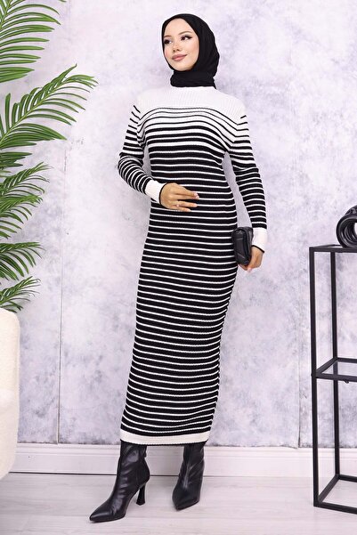 benguen 6143 Model Ecru Turtleneck Striped Knitwear Dress
